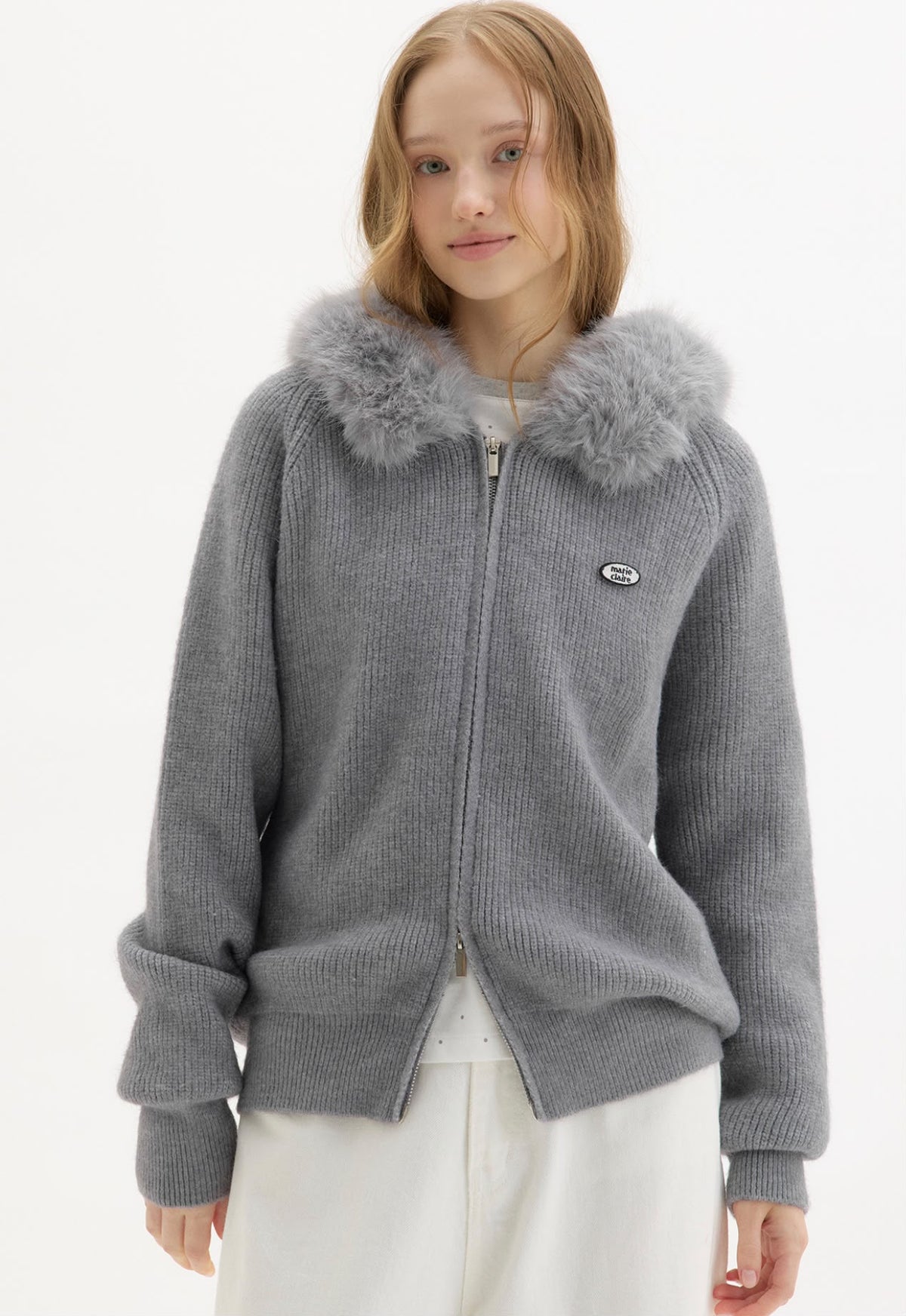 *1103‼️快閃🇰🇷半價‼️ 韓國高級女裝品牌 Marie Claire 人造毛皮連帽針織外套🤩