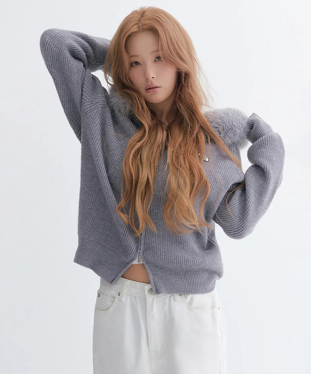 *1103‼️快閃🇰🇷半價‼️ 韓國高級女裝品牌 Marie Claire 人造毛皮連帽針織外套🤩